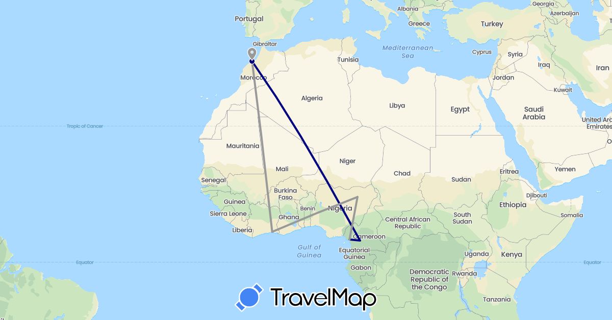 TravelMap itinerary: driving, plane in Côte d'Ivoire, Cameroon, Morocco, Nigeria (Africa)